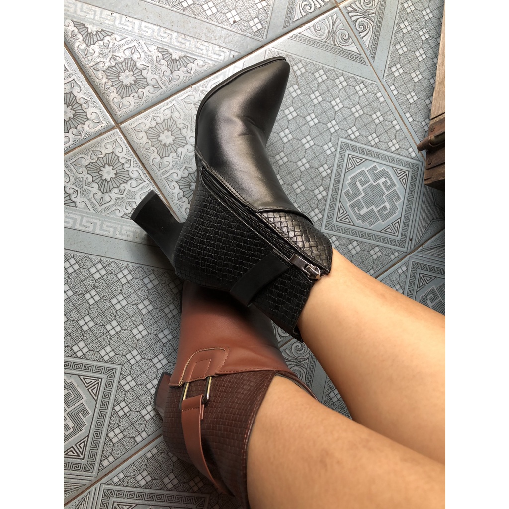 Ảnh thật - Giày boot nữ đế vuông hai màu đen, nâu cá tính cao 7.5cm 161BOOT
