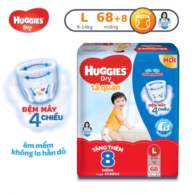 BỈM HUGGIES TÃ QUẦN VÀ DÁN M74 /L68/XL62/XXL56