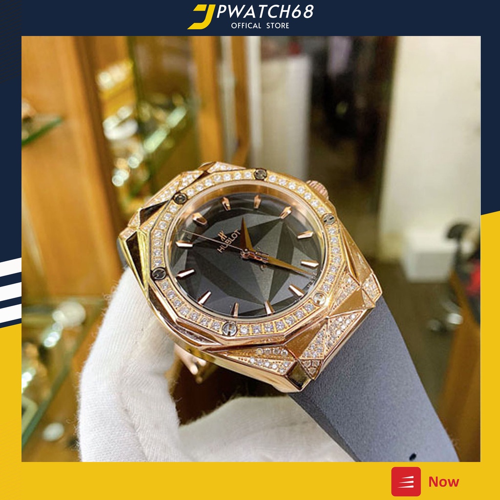 Đồng hồ nam HL đồng hồ cơ Automatic mẫu mặt đen viền vàng cắt vát đính đá size 42-43mm