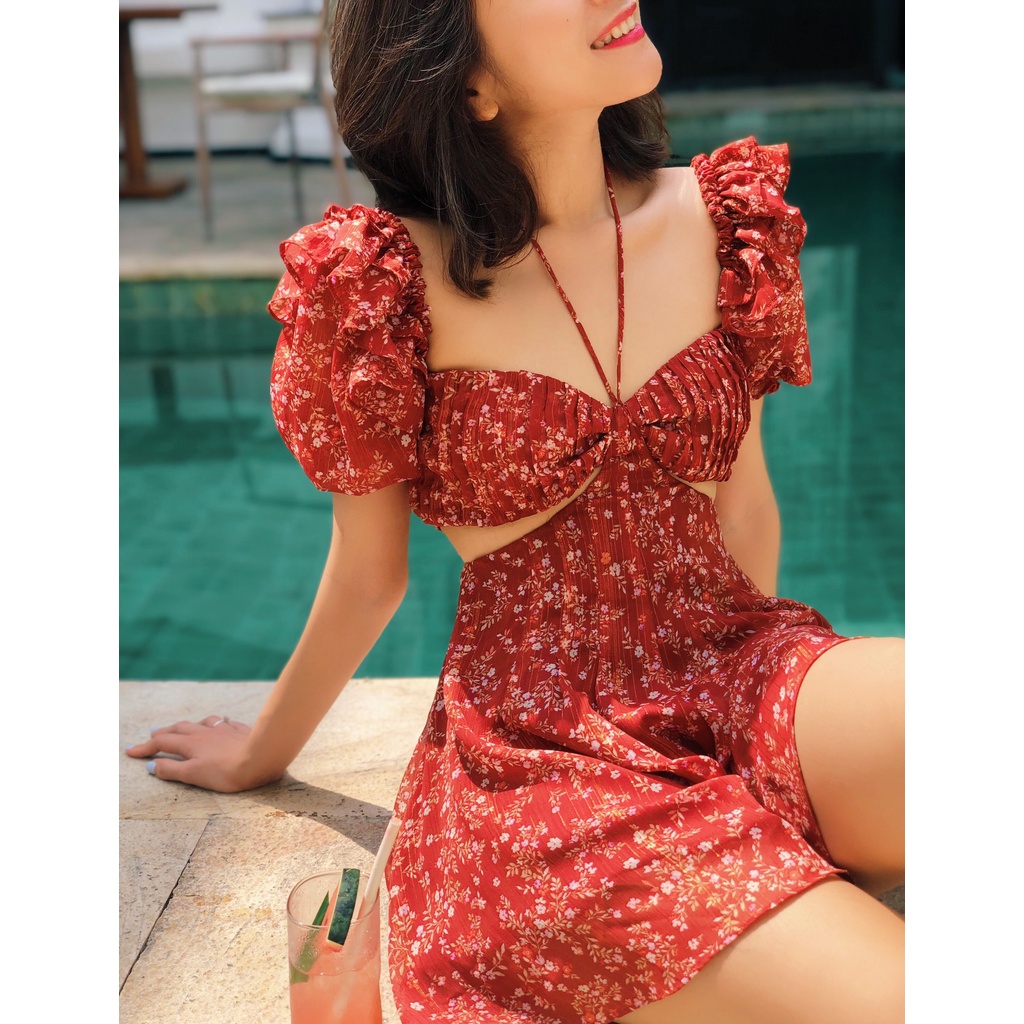 Hoachoem - Jumpsuit cut out tay phồng - Cherry Wine Jumpsuit
