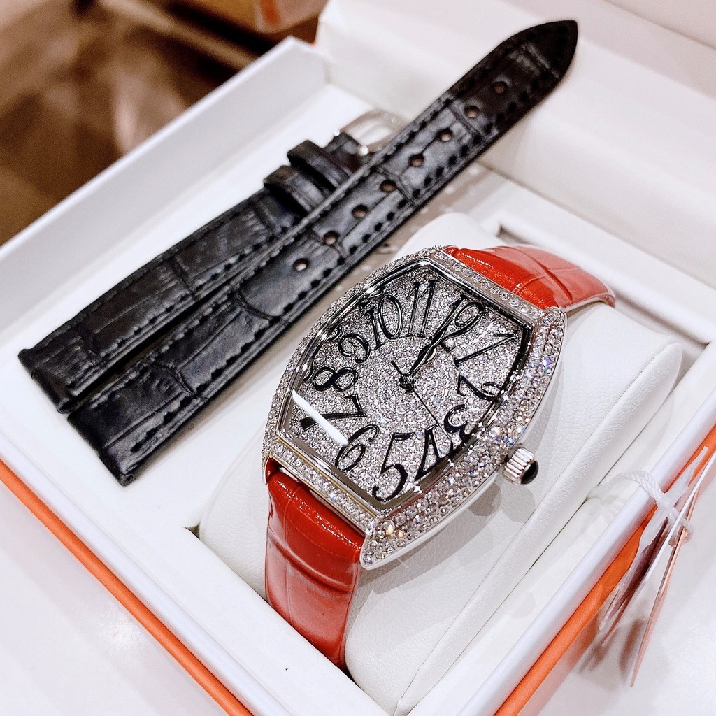 Set Đồng Hồ Nữ Davena 31525 Dây Da Đỏ Silver - Kèm Dây Da Đen Chính Hãng