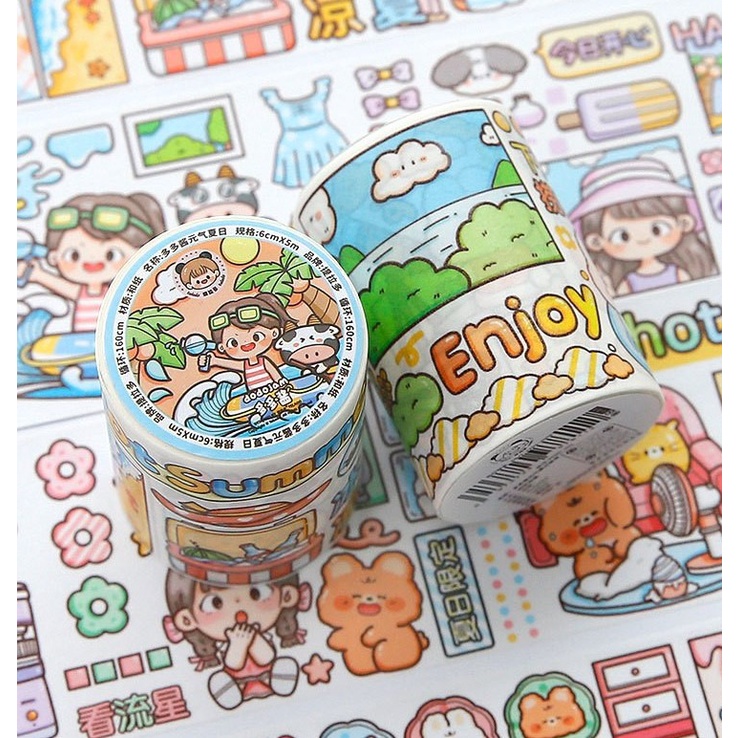 Băng giấy washitape họa tiết DoDoJam, Cuộn băng keo dán trang trí sổ tay, Chiết chu kỳ Telado, Lọ chiết hoạt hình cute