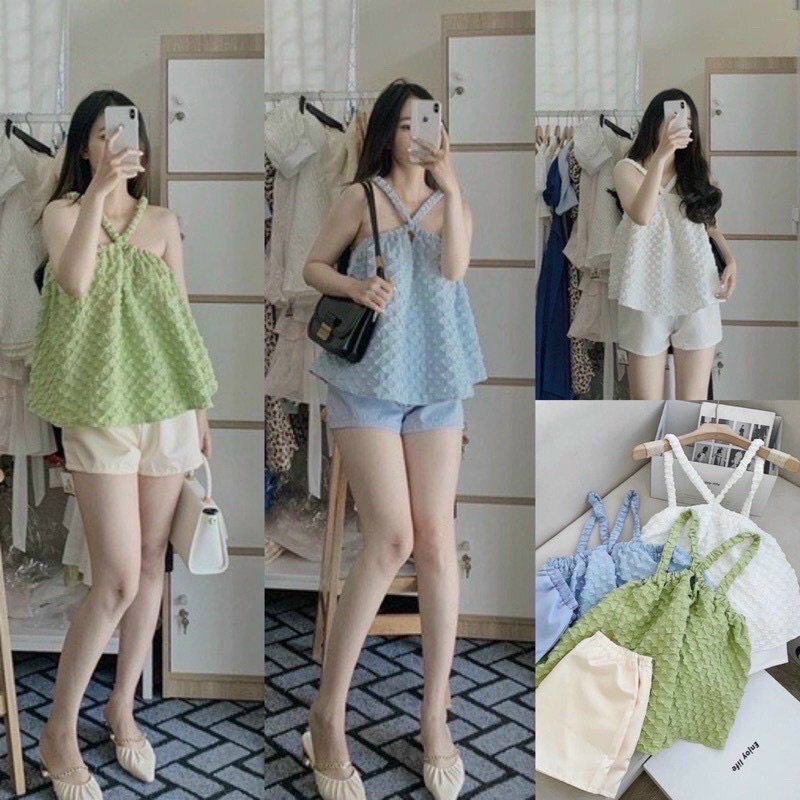 sét áo 2 dây sốp phồng dáng baby doll,kèm quần short siêu dễ thương