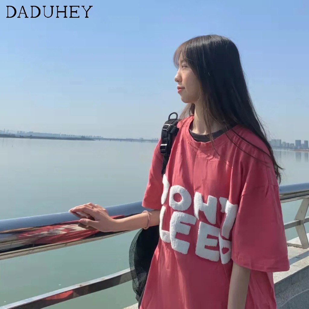 Áo thun DADUHEY 100% cotton tay ngắn dáng rộng thêu họa tiết chữ cái 5 màu sắc tùy chọn thời trang mùa hè mới