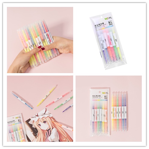 Set 6 bút đánh dấu thiết kế hai đầu nhiều màu sắc tiện dụng cho học sinh