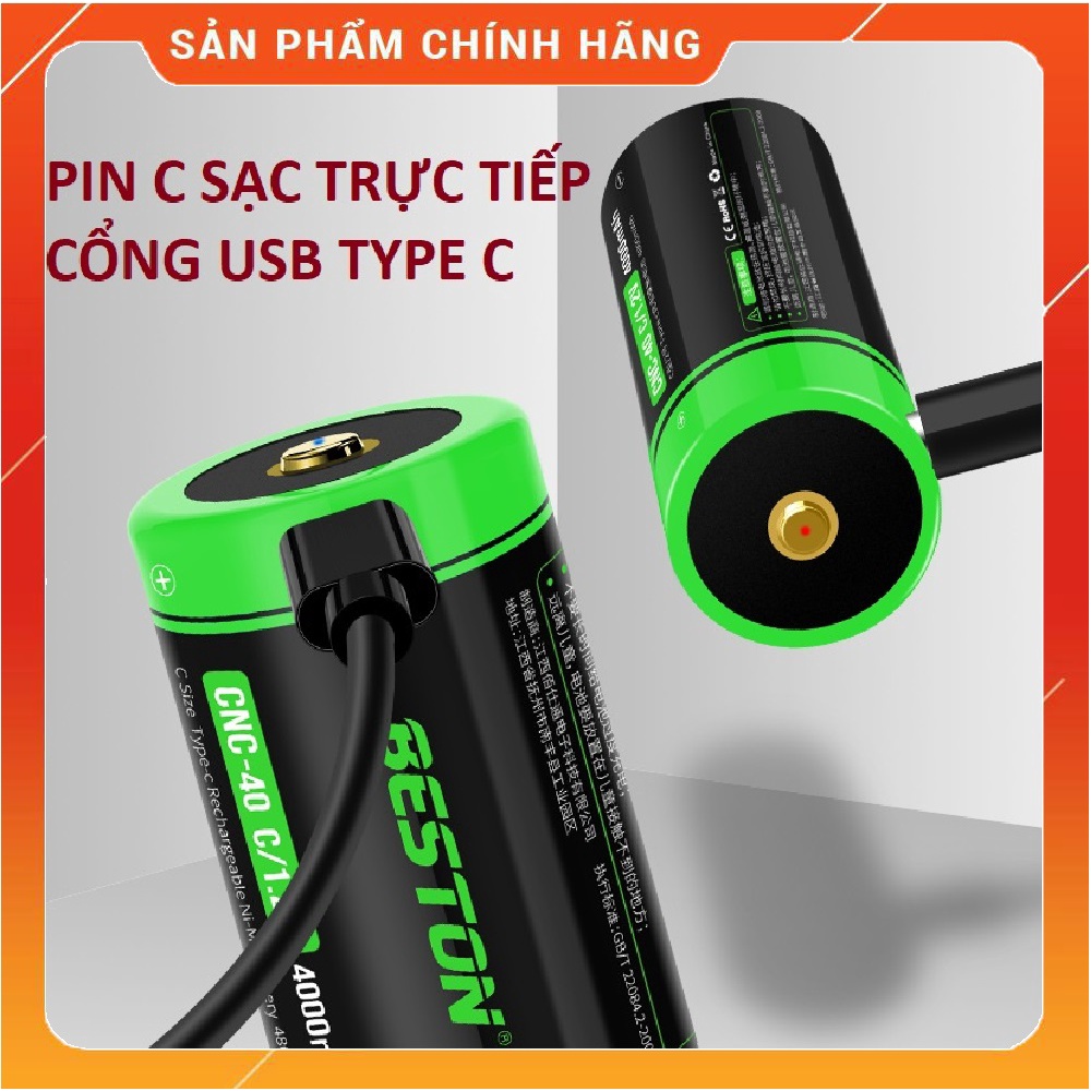 Pin sạc cỡ C Beston 1.2V Dung lượng cao 4000mAh Sạc trực tiếp bằng dây USB cổng sạc type C