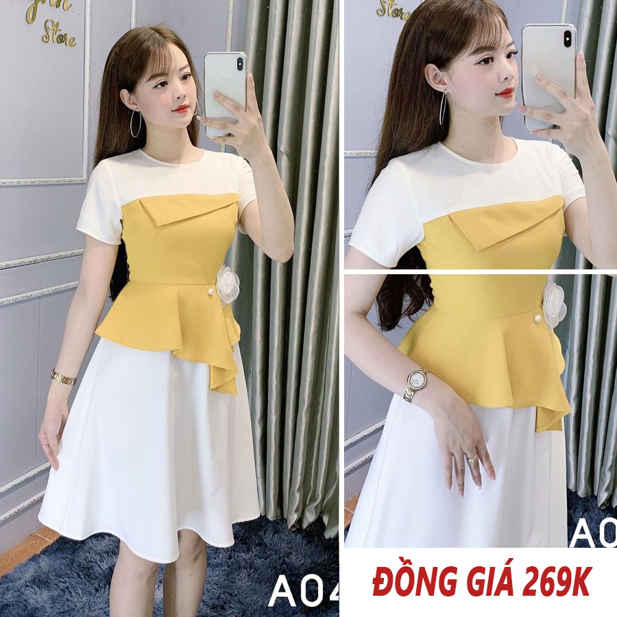 [Đồng giá 269k] Đầm Công Sở Dáng Xòe Eo Ôm Đính Hoa - She Loves A041 Màu Vàng Phối Trắng