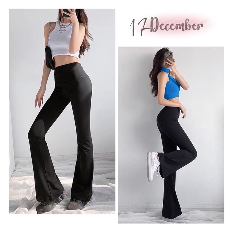 Quần ống loe nữ vintage hack chân 17Dec, quần legging cạp cao dáng dài