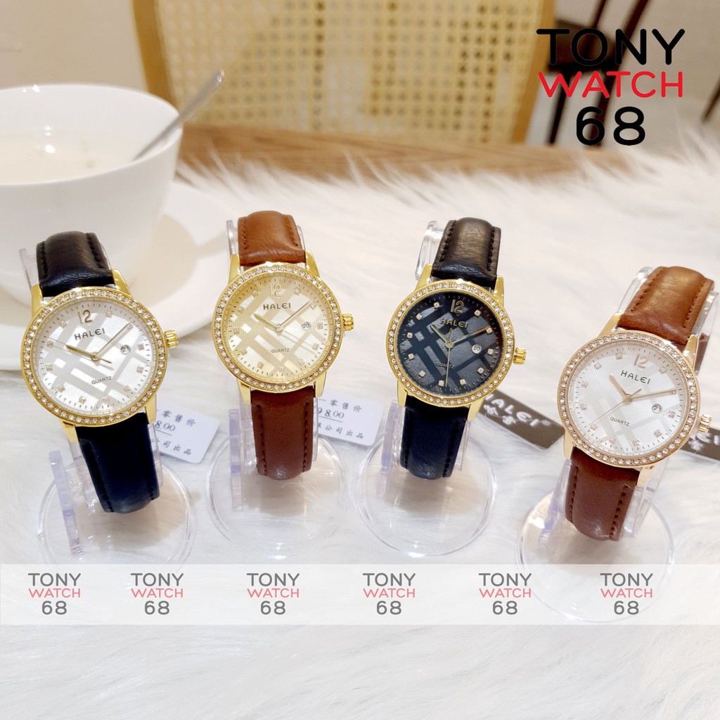 Đồng hồ nữ dây da đeo tay Halei chính hãng đẹp viền vàng đính đá chống nước giá rẻ | BigBuy360 - bigbuy360.vn