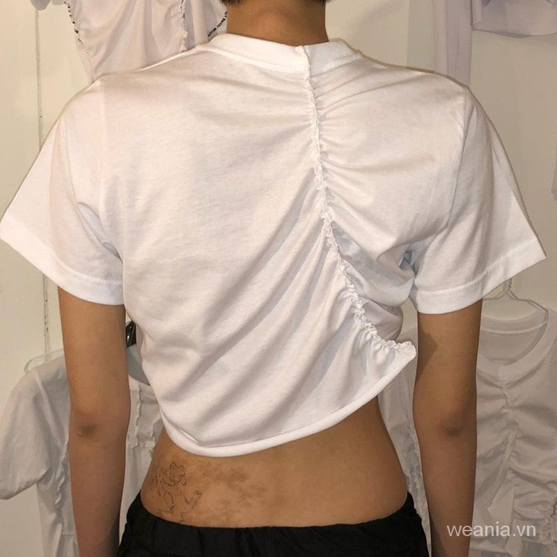 Áo thun cổ tròn thiết kế xếp ly nữ tính phong cách thời trang