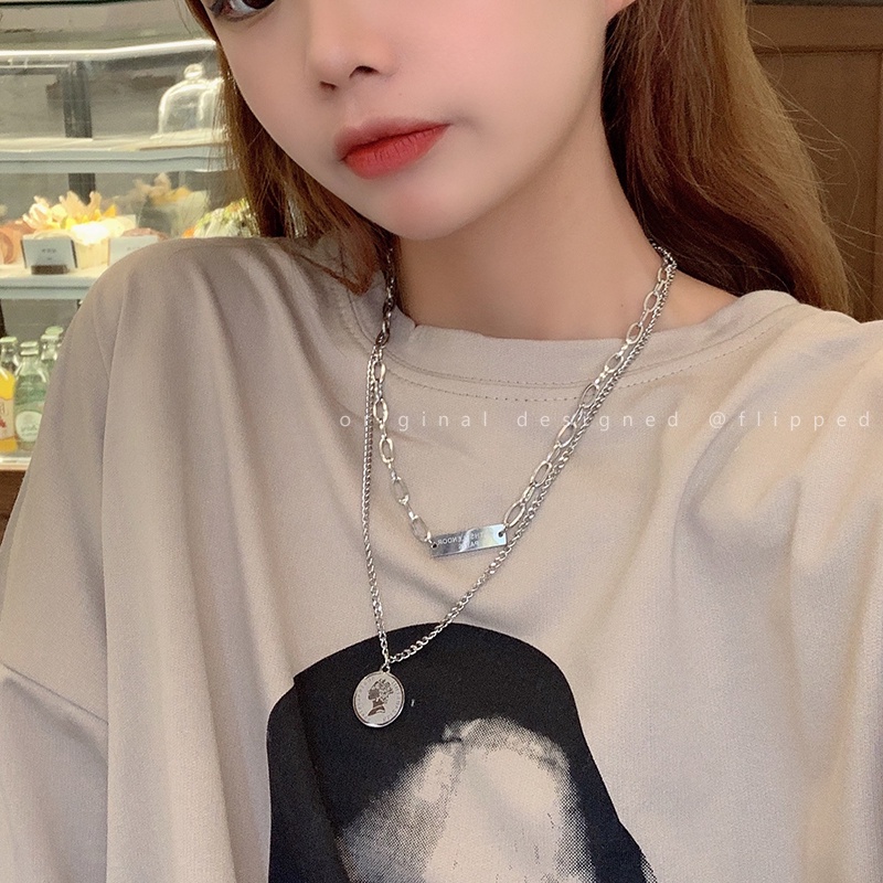 Vòng cổ Hai Lớp Mặt Thẻ Tròn Đơn Giản Phong Cách Hàn Quốc