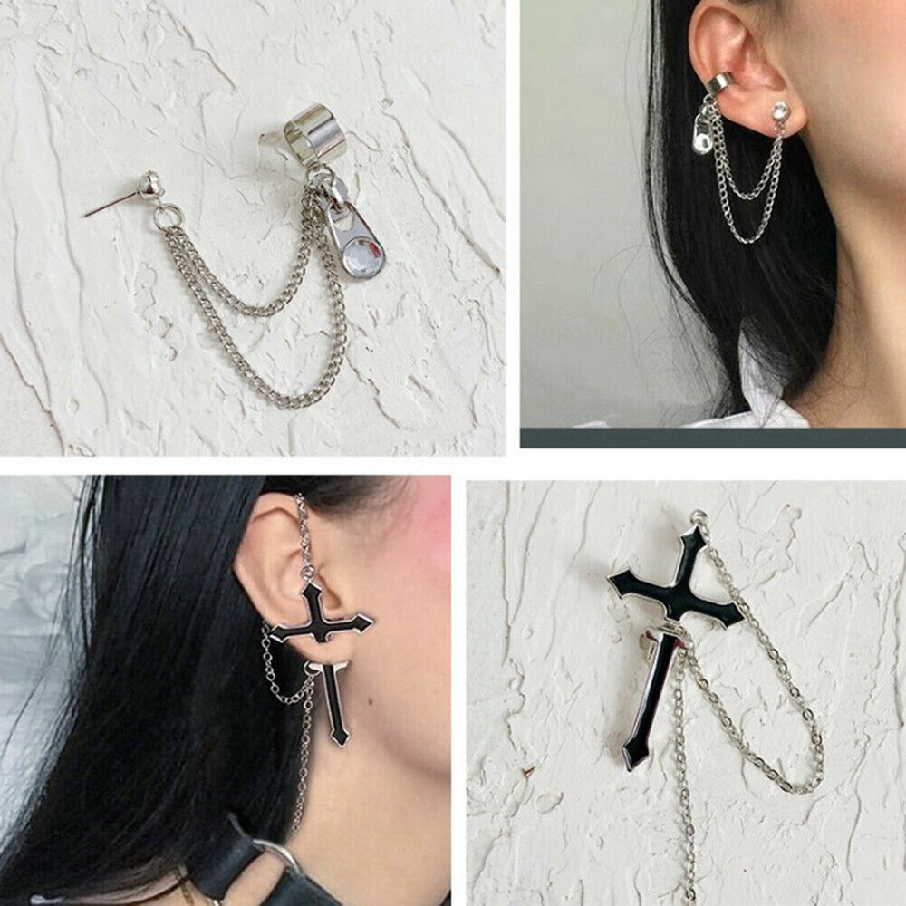 Fashion Girl Cool Punk Gothic Long Chain Cross Personality Hanging Pendant Earrings Art Jewelry Gift