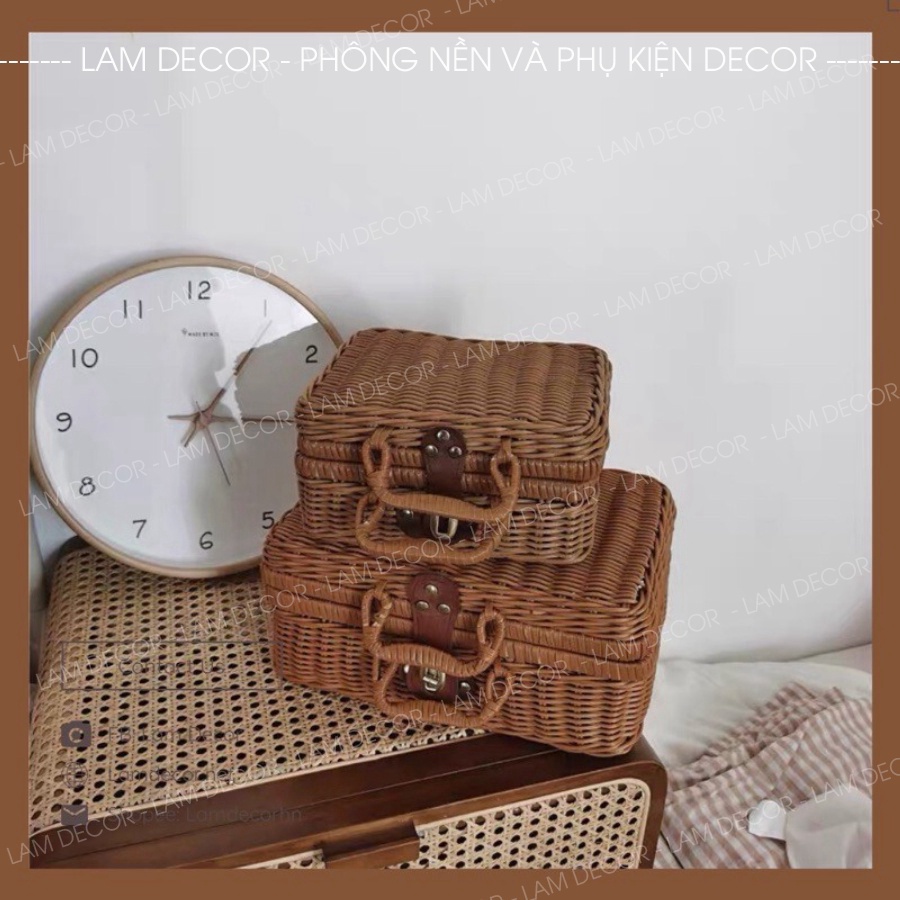 Vali mây vintage quai da cao cấp siêu xịn