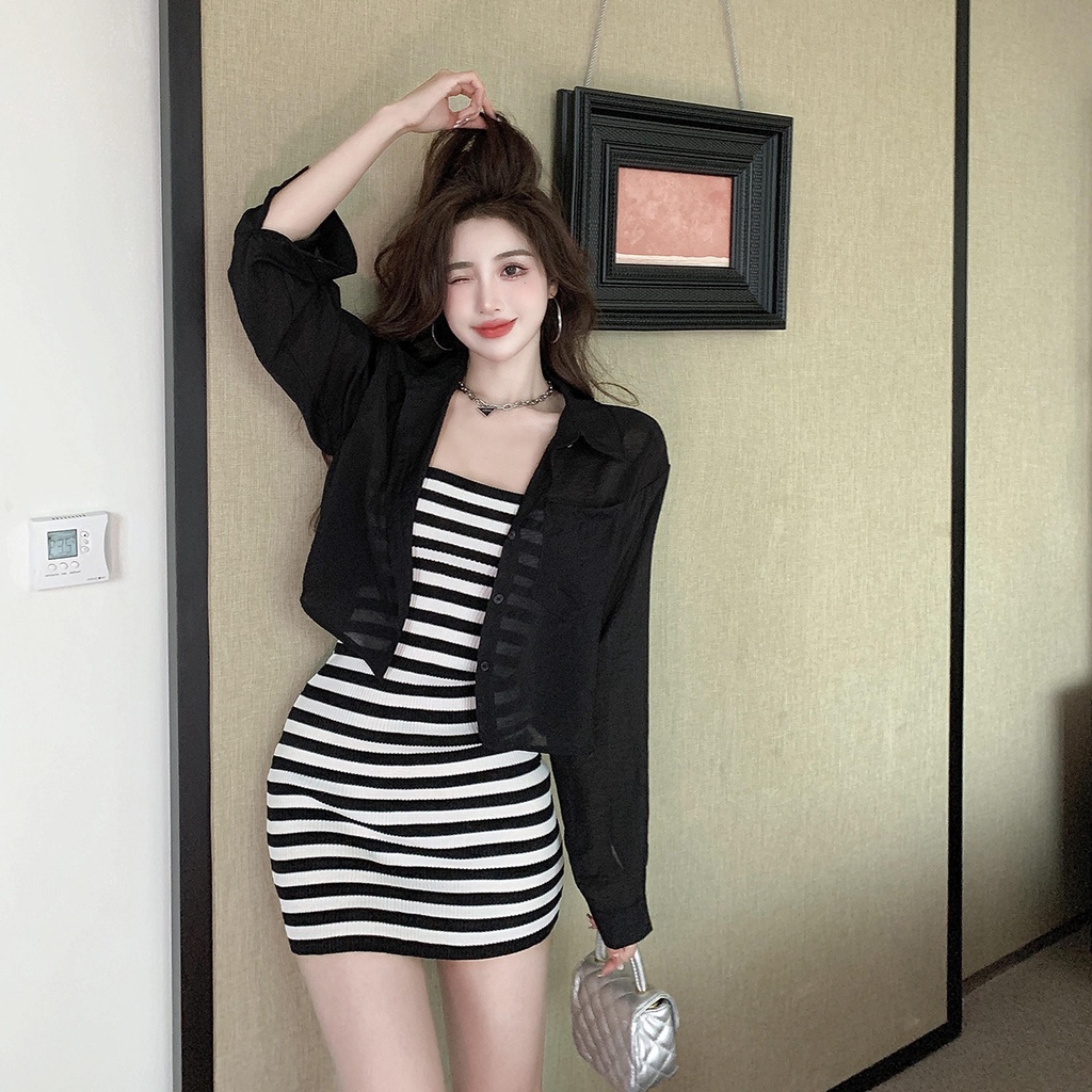 QKOOLE Đầm ống  kẻ sọc phong cách Hàn Quốc thời trang gợi cảm cho nữ