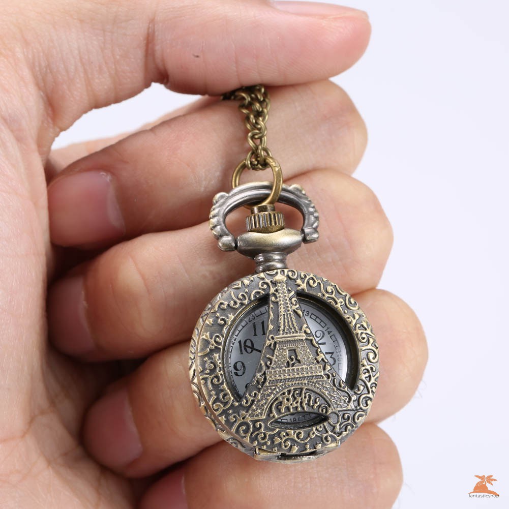 #Đồng hồ bỏ túi# Fashion Vintage Quartz Pocket Watch Alloy Hollow Out Eiffel Tower Sweater Chain Necklace Pendant Clock Gifts