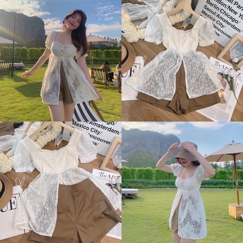 SET ÁO PEPLUM REN XẺ + QUẦN SHORT NÂU