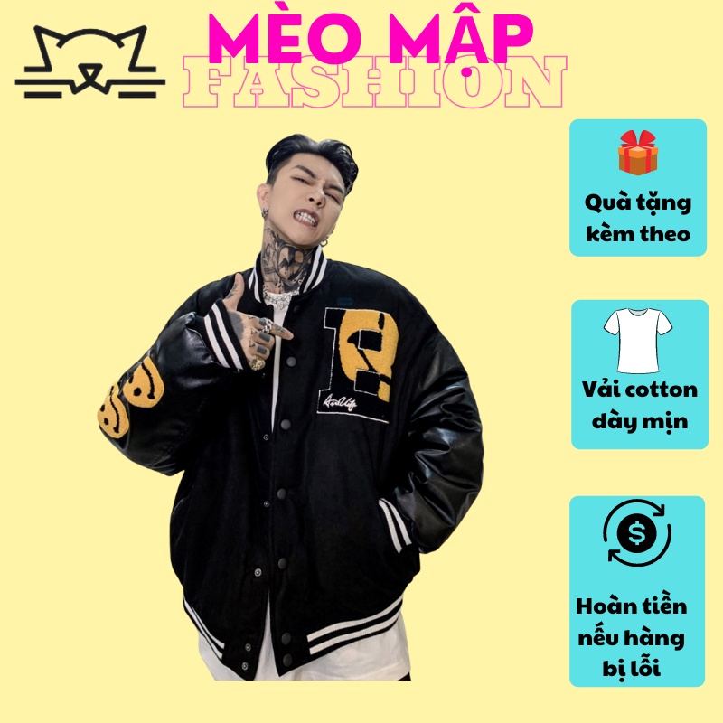 Áo khoác bomber varsity vải nhung tay phối da hươu PU logo mặt cười đệm dù 2 lớp dành cho nam nữ Mèo Mập Fashion BB018