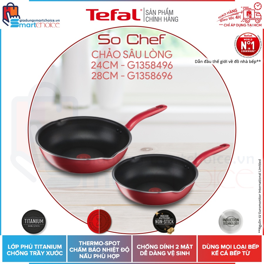 Chảo chiên sâu lòng Tefal So Chef 24cm G1358496, 28cm G1358696, Chống dính TITANIUM, Chấm đỏ báo nhiệt, đáy từ