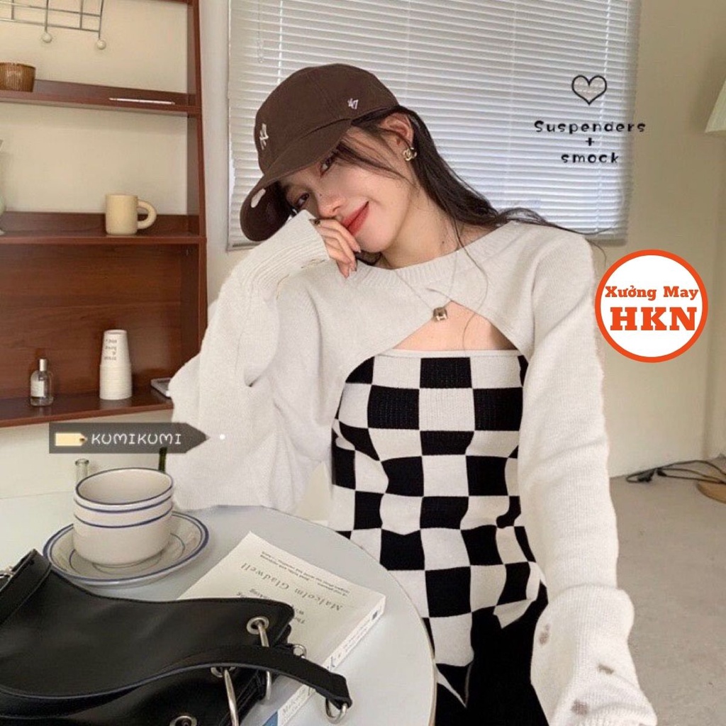 Sét Yếm Caro Vạt Chéo Kèm Áo Khoác Ngoài Mã 914 Xưởng May HKN