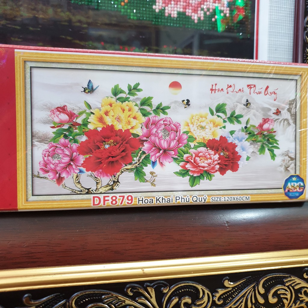 Tranh Đính Đá HOA KHAI PHÚ QUÝ (ĐÁ ABC CAO CẤP). Kích Thước: 1m20 x 60cm - 1m50 x 70cm