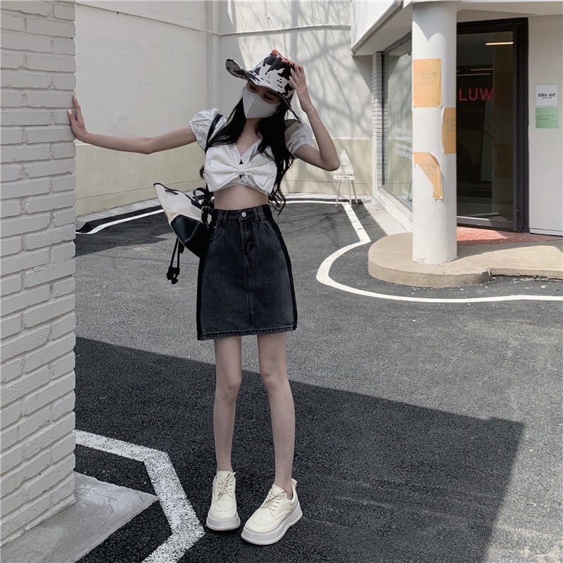 Chân váy jean Phối Màu Tương Phản Phong Cách Retro Thời Trang