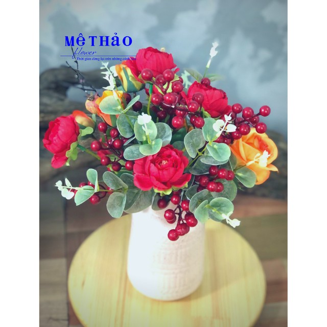 Ảnh shop chụp) Bình Hoa Giả Trang Trí Nhà Cửa, Decor Phòng Khách Chất Liệu Lụa Cao Cấp Mê Thảo Flower