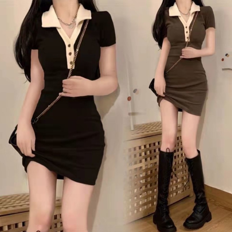 Đầm Tay Ngắn Cổ Polo Phong Cách Hàn Quốc 175286 Đầm Ôm Dáng Thời Trang Mùa Hè Quyến Rũ Cho Nữ