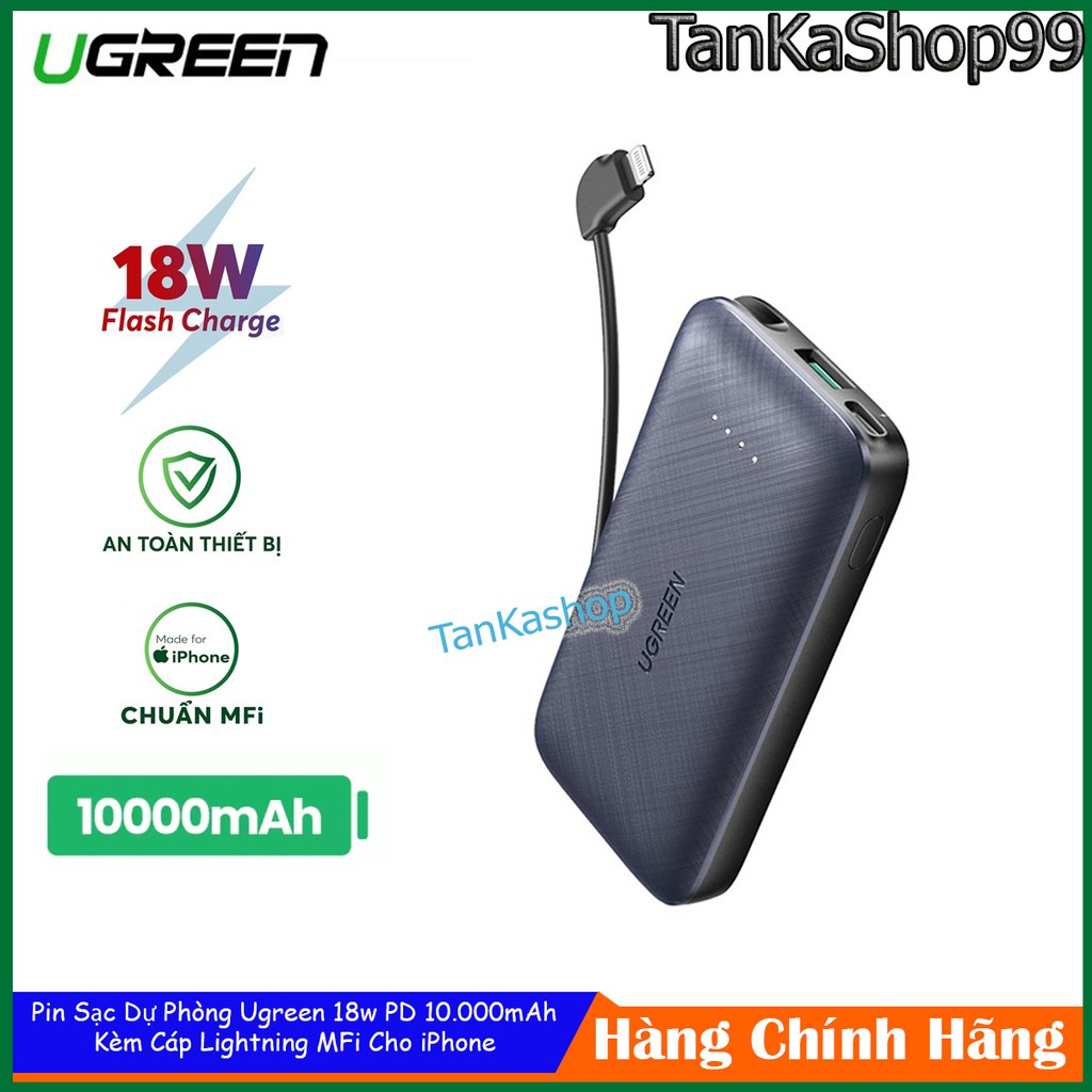 Pin Sạc Dự Phòng Ugreen 18w PD 10.000mAh Kèm Cáp Lightning MFi Cho iPhone, Sạc Nhanh PD 18W va QC 3.0