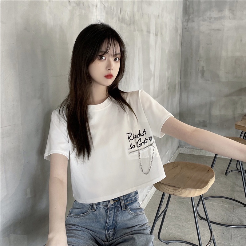 Áo croptop thun ngắn tay dáng rộng in chữ phong cách Hàn Quốc WANGJIAOZHAN