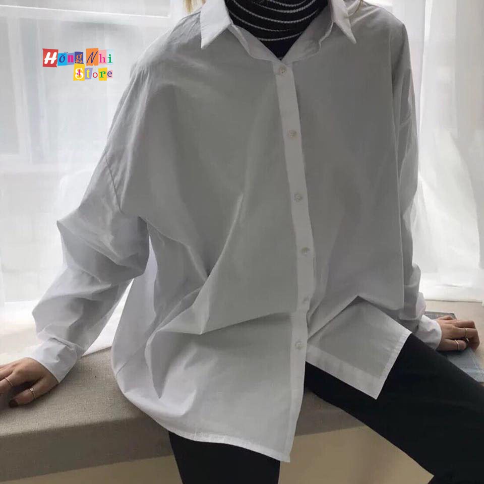 SƠ MI TRƠN DÁNG RỘNG BASIC UNISEX TAY DÀI MÀU TRẮNG - MM
