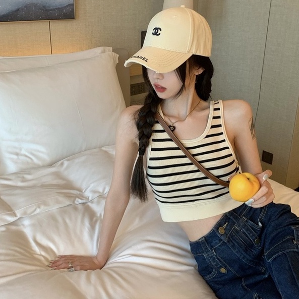 【ZHELIHANGFEI】Áo Dệt Kim Sát Nách Lưng Cao Họa Tiết Kẻ Sọc Phong Cách Quyến Rũ