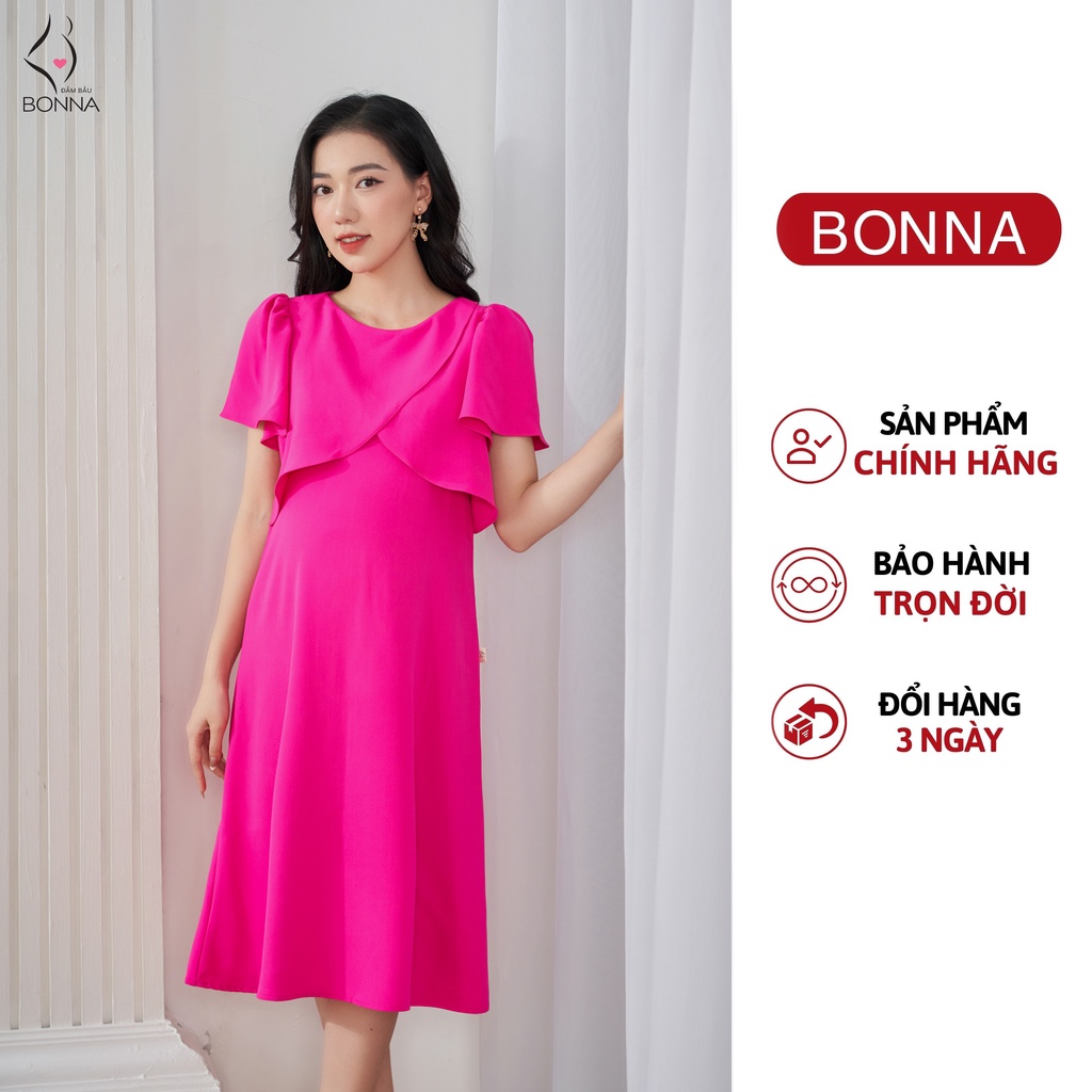 Đầm bầu công sở BONNA chất liệu vải voan tơ cao cấp phối tay cánh tiên cách điệu, gam màu hồng tiểu thư, điệu đà VS221