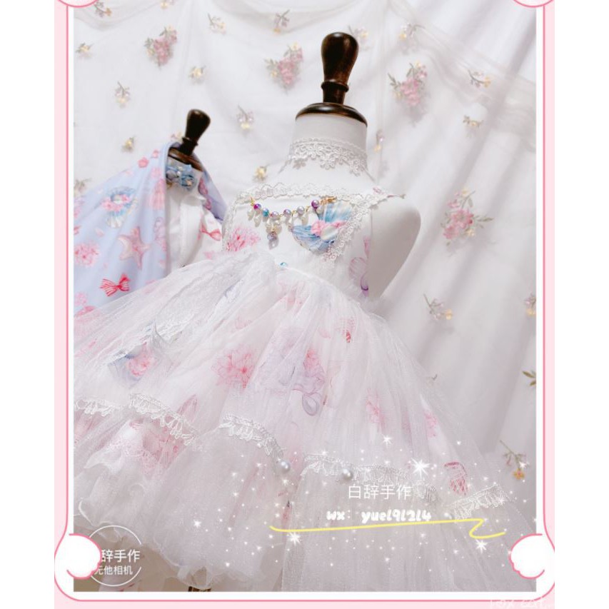 Vải print họa tiết sò may Lolita váy bèo công chúa trẻ em, vải may váy cho doll bjd