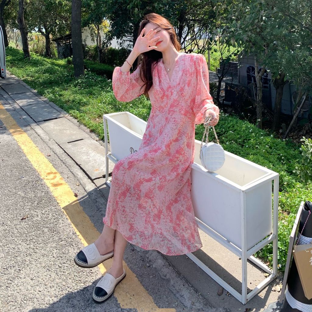 Đầm chiffon Ôm Eo In Họa Tiết Hoa Anh Đào Thanh Lịch