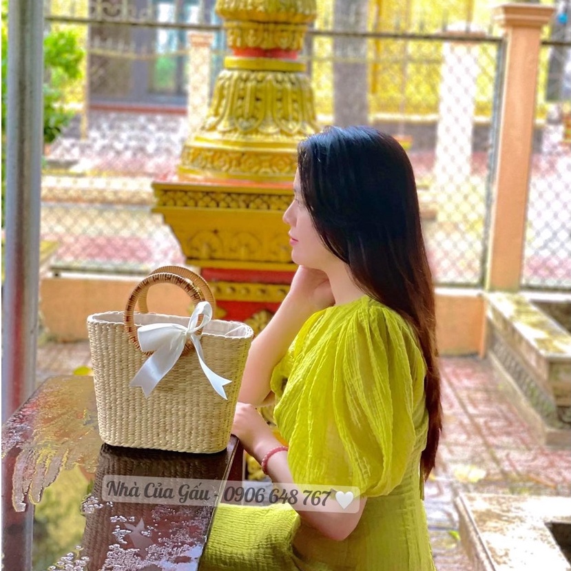 Giỏ cói cao cấp nơ trắng xinh cực phẩm