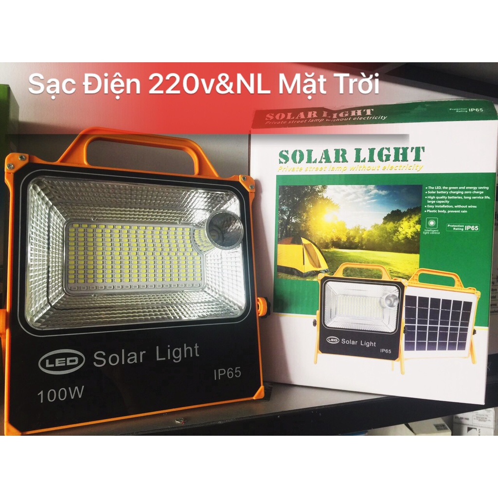 Đèn Pha Năng Lượng Mặt Trời 100w Cầm Tay, Sạc Được Cả Điện 220V&amp; Năng Lượng Mặt Trời