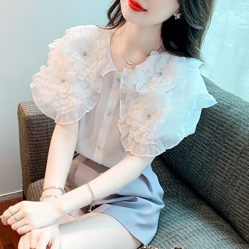 Áo Sơ Mi Tay Phồng Cổ Búp Bê Đính Hạt Phong Cách Pháp Thời Trang Mùa Hè 2022 Hàng Mới