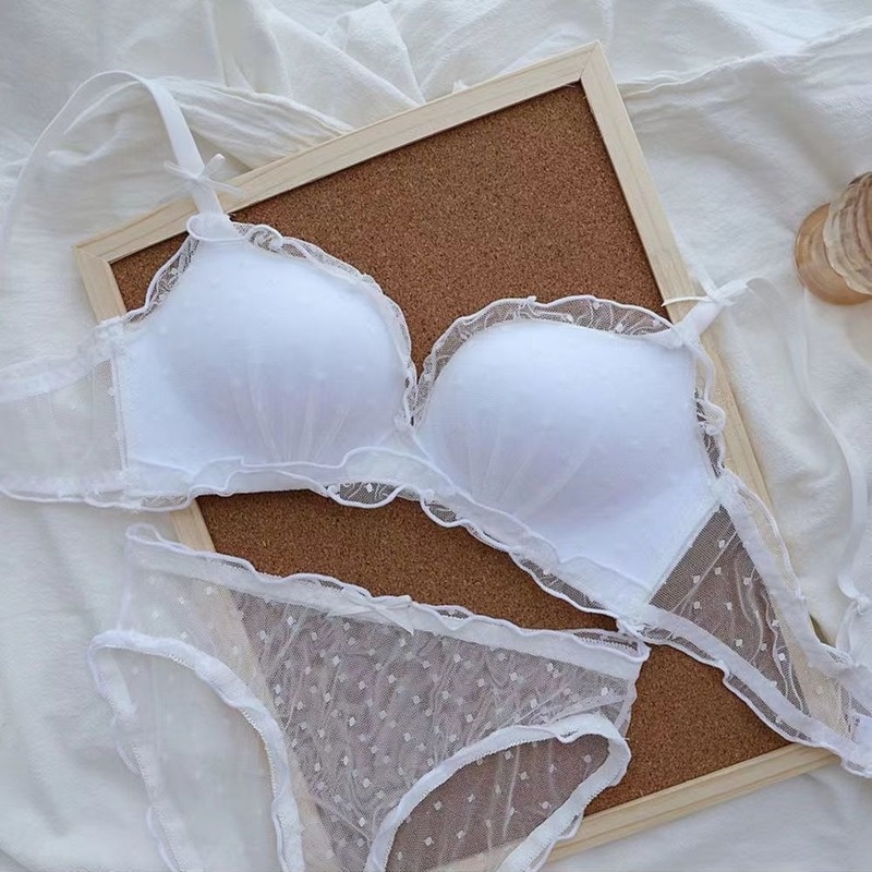 Áo Lót Không Gọng Không Đường May Hoa Văn Chấm Bi Phối Lưới Thời Trang