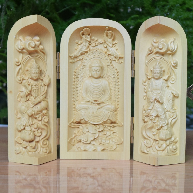 ❄♀◊> Gỗ Hoàng Dương Khắc Điện thờ Phật Khắc hộp ba gian bằng gỗ chạm khắc tượng Phật Bà Quan Âm Tây Phương Tam thế Đồ thủ công mỹ nghệ1