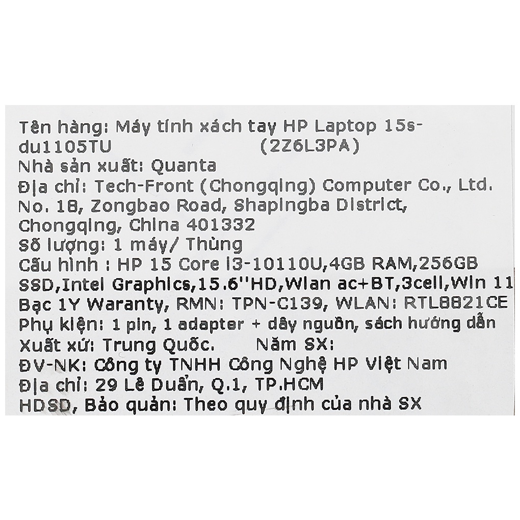 Laptop HP 15s du1105TU i3 10110U/4GB/256GB/15.6"/Win11//Bạc - Hàng chính hãng
