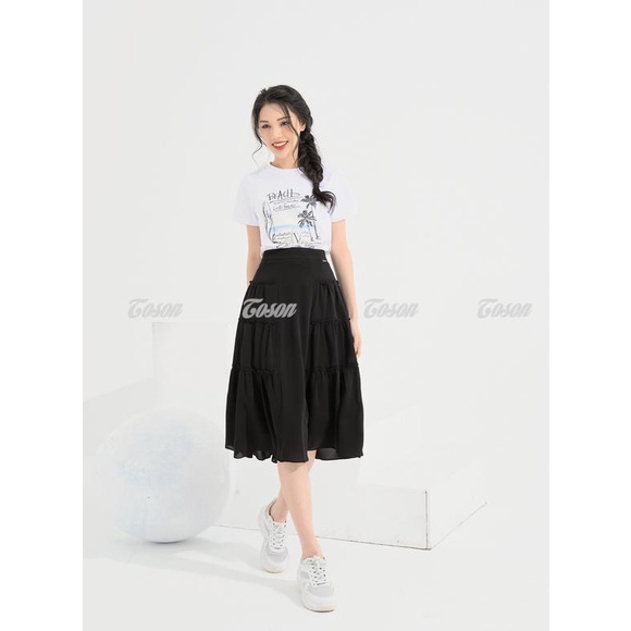 Chân váy đen tơ ý dáng xòe, nhún 3 tầng Toson 38002B52