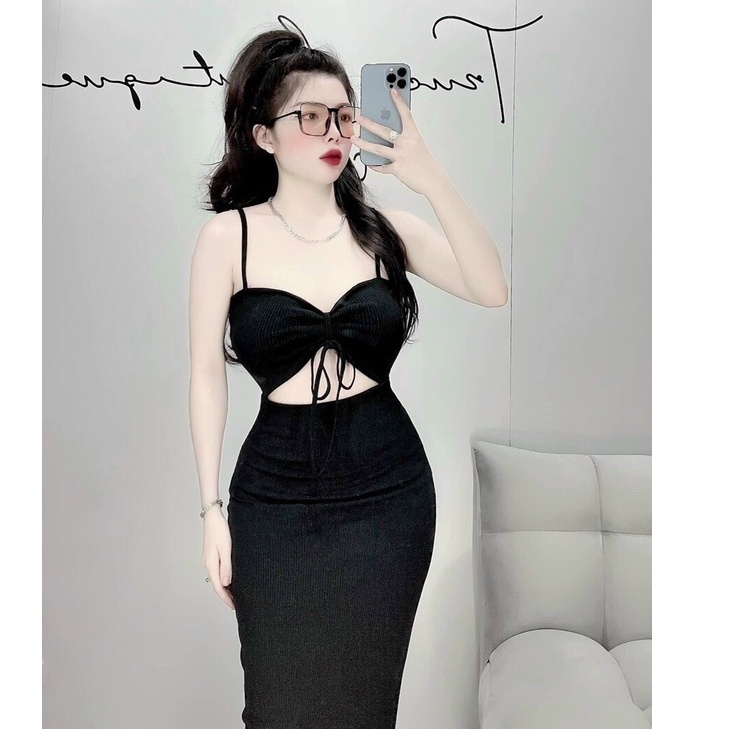 Đầm 2 dây cột nơ ngực hoặc yếm đeo cổ khoét eo ôm body trơn cực xinh , chất thun gân mềm mịn