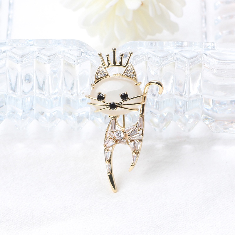 Ghim cài áo kiểu mèo đội vương miện đính đá opal và kim cương giả thời trang sang trọng