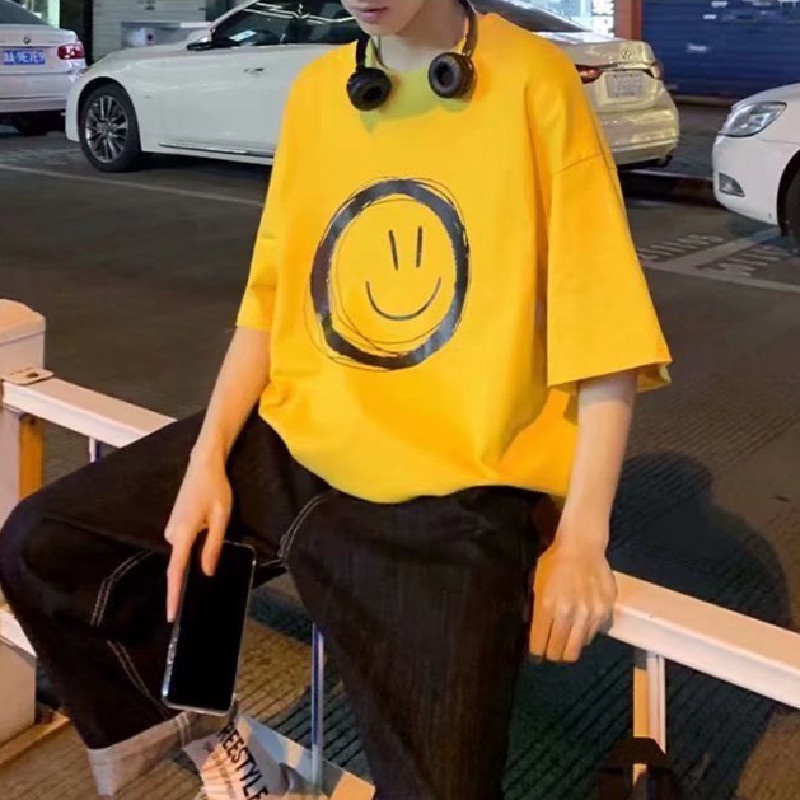 Áo Thun Tay Ngắn Cổ Tròn Dáng Rộng In Họa Tiết Biểu Cảm Gương Mặt Dễ Thương Thời Trang Phong Cách Hàn Quốc Cho Nam Và Nữ