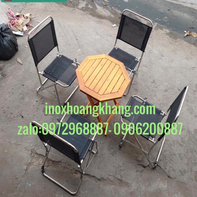 Bàn Ghế xếp inox mini, bàn ghế cafe giá rẻ, combo 4 ghế xếp vải và 1 bàn trà chanh chân chéo