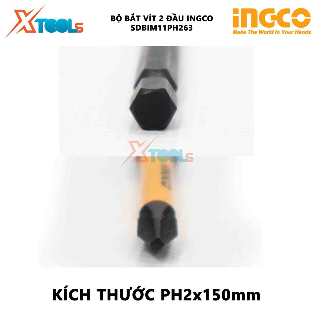 Bộ mũi bắt vít 10 chi tiết INGCO SDBIM11PH263 mũi bắt vít PH2 150mm, Thép công nghiệp S2 có nam châm hít mũi bắn vít phụ