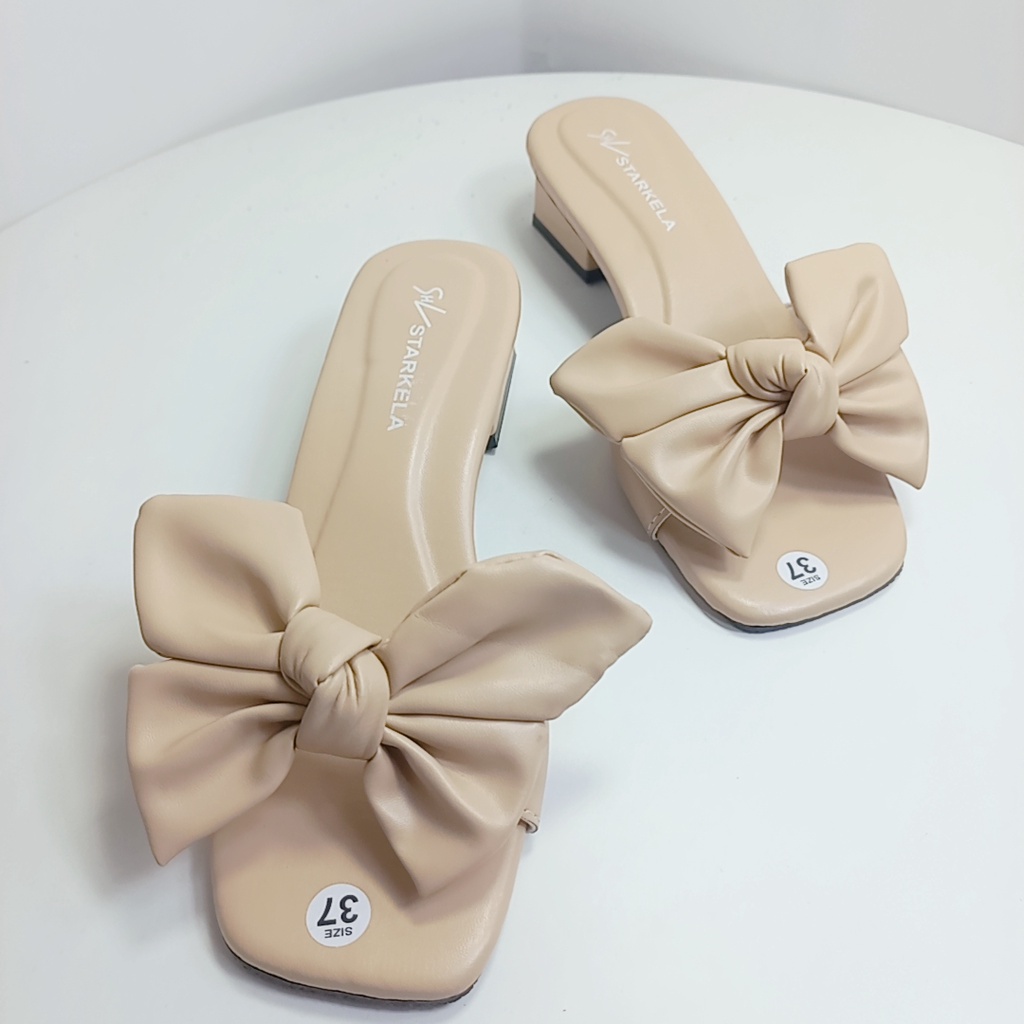 Guốc nữ Cao Gót vuông 3cm mũi hở-Dép cao gót quai ngang thắt nơ phồng to mã GNP MINHTUYETSHOES