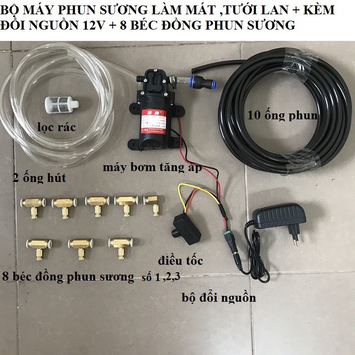 máy bơm phun sương làm mát kèm đổi nguồn điện,8 béc phun sương trong nhà và ngoài trời