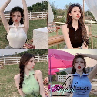 LD-Women Close-fitting Backless Vest, Solid Color Halter Neck Sleeveless Crop Tops, White/ Black/ Blue/ Purple/ Olive/