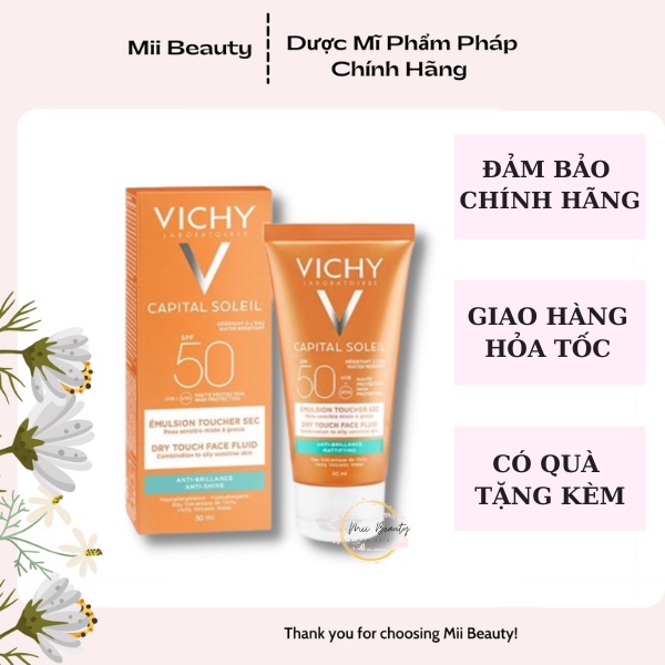Kem Chống Nắng Vichy Emulsion Dành Cho Da Dầu Mụn Không Gây Nhờn Rít Không Màu SPF50 (50ml) Nội Địa Pháp